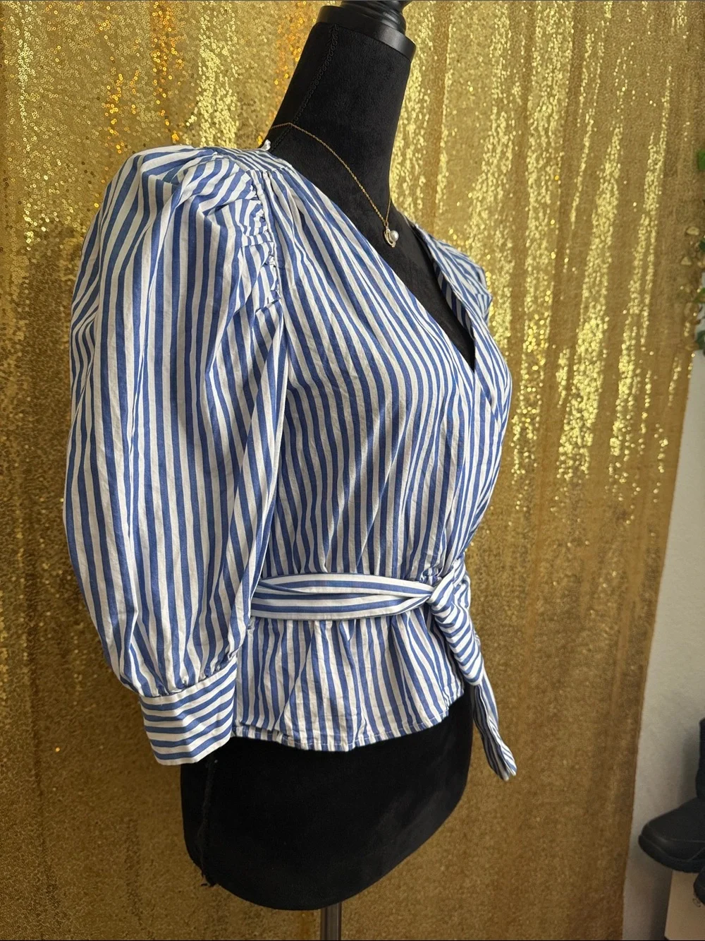 Zara Striped Wrap Blouse with Tie Waist - Blue & White 100% cotton